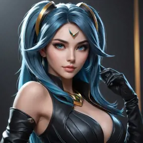 Alluring matte portrait of a beautiful Sona from League of Legends in black leather, 8k, Half Body, Realistic, Volumetric Lighting, Fantasy by Stanley Artgerm Lau, WLOP