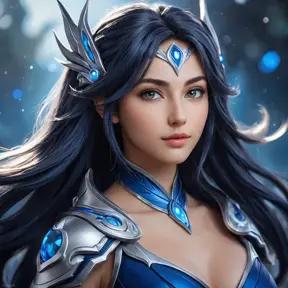 Alluring portrait of a beautiful Irelia from League of Legends in Blue, Highly Detailed, Half Body, Bokeh effect, Photo Realistic, Sharp Focus by Stefan Kostic