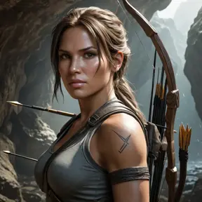 Matte portrait of a beautiful Lara Croft in a cave with arrows, 8k, Highly Detailed, Intricate, Realistic, Sharp Focus, Volumetric Lighting, Fantasy, Elegant by Stanley Artgerm Lau, WLOP