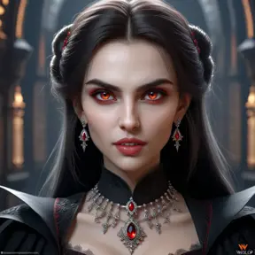 A beautiful romanian vampire woman with penetrating red bright eyes, long fangs, perfect face, 8k, Hyper Detailed, Intricate Details, Masterpiece, Contemporary, Full Body, Trending on Artstation, Gothic, Deviantart, Concept Art by WLOP