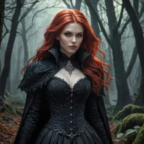 Red haired vampire in a haunted forest, Highly Detailed, Intricate, Gothic, Volumetric Lighting, Fantasy, Dark by Stanley Artgerm Lau