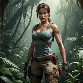 Full body portrait of a beautiful armed Lara Croft emerging from the jungle, Highly Detailed, Intricate, Sharp Focus, Volumetric Lighting, Fantasy, Elegant, Threatening by Greg Rutkowski