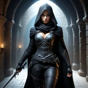 Full body matte portrait of a beautiful veiled armed female Assassin in a dungeon, Gothic and Fantasy, Volumetric Lighting, Fantasy, Threatening by Stanley Artgerm Lau