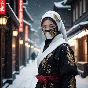 Mysterious beautiful white kunoichi ninja wearing black, red and gold in the streets of a dark snowy town in russia, Intricate Details, Bokeh effect, Photo Realistic, Volumetric Lighting by Stefan Kostic