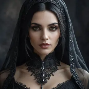 Alluring portrait of a beautiful raven black haired veiled vampire in the style of Stefan Kostic, 8k, High Definition, Highly Detailed, Intricate, Half Body, Realistic, Sharp Focus, Fantasy, Elegant