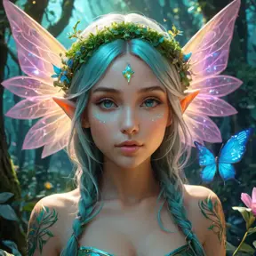 Beautiful elf in a magical forest, 4k, Highly Detailed, Hyper Detailed, Masterpiece, Full Body, Cosmic Nebulae, Full Lips, Pretty Face, Tattoos, Wings, Digital Illustration, Bloom light effect, Cinematic Lighting, Realistic, Sharp Focus, Deviantart, Centered, Beautifully Lit, Bioluminescent, Radiant, Vibrant Colors by Stanley Artgerm Lau, Alphonse Mucha, Greg Rutkowski, Stefan Kostic