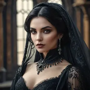 Alluring portrait of a beautiful raven black haired veiled vampire in the style of Stefan Kostic, 8k, High Definition, Highly Detailed, Intricate, Half Body, Realistic, Sharp Focus, Fantasy, Elegant