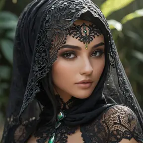 A beautiful veiled Nidalee wearing a lacy black veil, perfect face, Intricate, Half Body, Volumetric Lighting