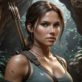 Matte portrait of a beautiful Lara Croft in a cave with arrows, 8k, Highly Detailed, Intricate, Realistic, Sharp Focus, Volumetric Lighting, Fantasy, Elegant by Stanley Artgerm Lau, WLOP