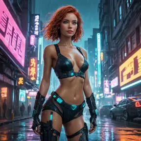 full body shot, beautiful woman walking with beatiful and detailed eyes, dynamic pose, slightly athletic beatiful body, medium-sized chest, detailed attire, Hyper Detailed, Intricate Artwork, Masterpiece, Cybernatic and Sci-Fi, Cyberpunk, Freckles, Full Lips, Red Hair, Smiling, Digital Illustration, Cityscape, Blade Runner 2049, Neon light effect, Realistic, Sharp Focus, Wide Angle, Neon, Dripping Colors, Matte, Futurism, Artwork, Dieselpunk, Colorful, Dynamic, Elegant, Expressive, Graceful, Hot, Gloomy, Sad, Stormy, Terrifying, Tired