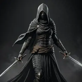 Full body portrait of a Veiled female Assassin with daggers, Highly Detailed, Dark Souls, Volumetric Lighting, Fantasy, Threatening