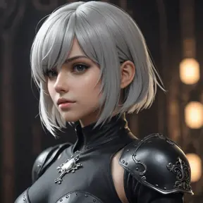 Alluring matte portrait of a beautiful 2B from Nier Automata wearing black leather, 8k, Highly Detailed, Intricate, Half Body, Realistic, Sharp Focus, Volumetric Lighting, Fantasy, Elegant by Stanley Artgerm Lau, WLOP