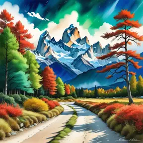 painting of evening sky, low thunder clouds foothpath with trees at indian summer with zugspitze fitz roy in background, colours green, red, blue black and white, acuarela, Highly Detailed, Beautiful, Digital Painting, Anime, Fantasy by Studio Ghibli