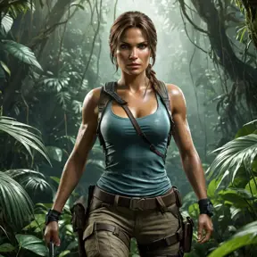 Full body portrait of a beautiful armed Lara Croft emerging from the jungle, Highly Detailed, Intricate, Sharp Focus, Volumetric Lighting, Fantasy, Elegant, Threatening by Greg Rutkowski