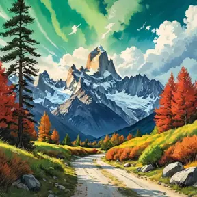 painting of evening sky, low thunder clouds foothpath with trees at indian summer with zugspitze fitz roy in background, colours green, red, blue black and white, acuarela, Highly Detailed, Beautiful, Digital Painting, Anime, Fantasy by Studio Ghibli