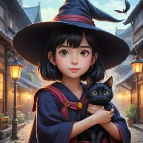 Kiki the witch and Jiji the cat, Highly Detailed, Beautiful, Digital Painting, Anime, Fantasy by Studio Ghibli