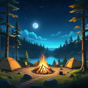 matte painting of a camp fire in the forest at night, Highly Detailed, Beautiful, Digital Painting, Anime, Fantasy by Studio Ghibli