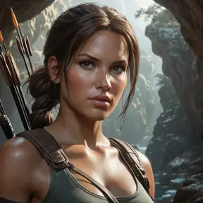 Matte portrait of a beautiful Lara Croft in a cave with arrows, 8k, Highly Detailed, Intricate, Realistic, Sharp Focus, Volumetric Lighting, Fantasy, Elegant by Stanley Artgerm Lau, WLOP