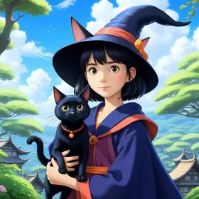 Kiki the witch and Jiji the cat, Highly Detailed, Beautiful, Digital Painting, Anime, Fantasy by Studio Ghibli