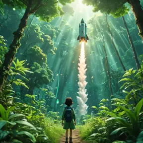 Studio ghibli, rocket explosion, jungle, solar, green technology, optimist future, 8k, Bokeh effect, Cinematic Lighting, Iridescence, Vibrant by Greg Rutkowski, WLOP