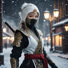 Mysterious beautiful white kunoichi ninja wearing black, red and gold in the streets of a dark snowy town in russia, Intricate Details, Bokeh effect, Photo Realistic, Volumetric Lighting by Stefan Kostic