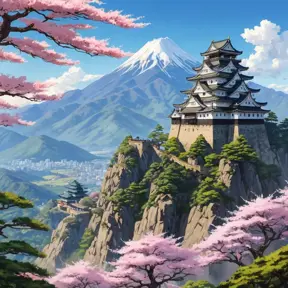 Landscape of a large japanese castle in the tall mountains, with matsu pine trees, with sakura cherry trees, Highly Detailed, Beautiful, Digital Painting, Anime, Fantasy by Studio Ghibli