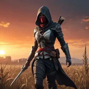 Female assassin creed emerging from a batte field. Sky is colored by a red sun set., Dystopian, Trending on Artstation, Volumetric Lighting by Stefan Kostic