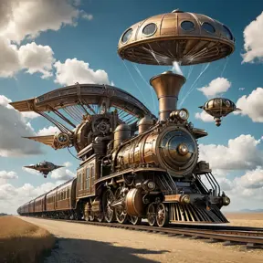 A futuristic hybrid of a steam engine train and a DaVinci flying machine, Steampunk