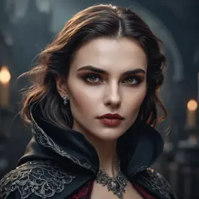 Alluring highly detailed matte portrait of a beautiful caped vampire in the style of Stefan Kostic, 8k, High Definition, Highly Detailed, Intricate, Half Body, Realistic, Sharp Focus, Fantasy, Elegant