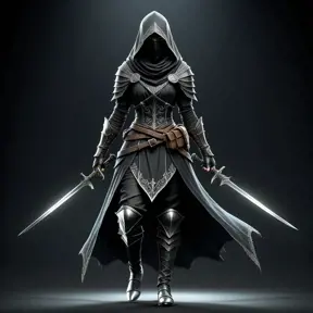 Full body portrait of a Veiled female Assassin with daggers, Highly Detailed, Dark Souls, Volumetric Lighting, Fantasy, Threatening