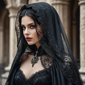 Alluring portrait of a beautiful raven black haired veiled vampire in the style of Stefan Kostic, 8k, High Definition, Highly Detailed, Intricate, Half Body, Realistic, Sharp Focus, Fantasy, Elegant