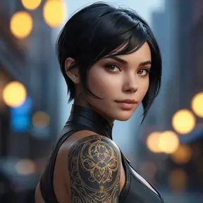 Matte portrait of Cassandra Cain with tattoos, 8k, Highly Detailed, Alluring, Artstation, Bokeh effect, Sharp Focus, Volumetric Lighting, Concept Art by Stanley Artgerm Lau, Greg Rutkowski