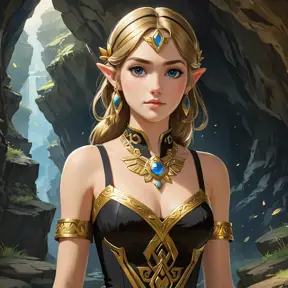 Portrait of Zelda in a black and gold dress, stunning beautiful artwork, Breath of the Wild, in a cave, Anime, Maximalism by Stanley Artgerm Lau