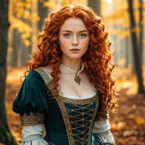 The sun, the autumn forest, fantastic beauty. Curls. Ultra-detailed medieval clothing, Freckles, Red Hair, Bright