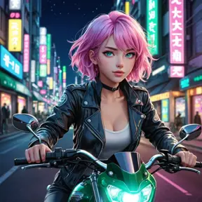 An anime-style illustration of a woman with pink hair and heterochromatic eyes (one blue, one green), riding her motorcycle through neon-lit city streets at night, Highly Detailed, Intricate, Half Body, Realistic