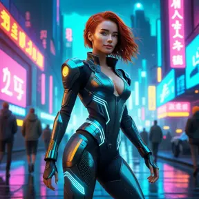 full body shot, beautiful woman walking with beatiful and detailed eyes, dynamic pose, slightly athletic beatiful body, detailed attire, Hyper Detailed, Intricate Artwork, Masterpiece, Cybernatic and Sci-Fi, Cyberpunk, Freckles, Full Lips, Red Hair, Smiling, Digital Illustration, Cityscape, Blade Runner 2049, Neon light effect, Realistic, Sharp Focus, Wide Angle, Neon, Dripping Colors, Matte, Futurism, Artwork, Dieselpunk, Colorful, Dynamic, Elegant, Expressive, Graceful, Hot, Gloomy, Sad, Stormy, Terrifying, Tired