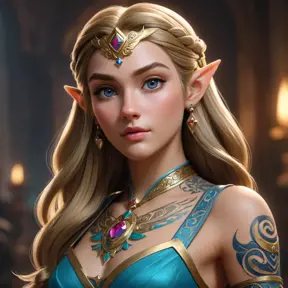 Matte portrait of Princess Zelda with tattoos, 8k, Highly Detailed, Powerful, Alluring, Artstation, Magical, Digital Painting, Photo Realistic, Sharp Focus, Volumetric Lighting, Concept Art by Stanley Artgerm Lau, Greg Rutkowski