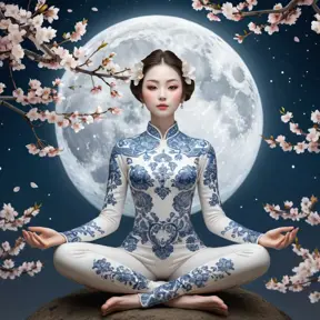 A surreal scene featuring a woman with almond-shaped eyes and porcelain skin, floating gracefully in a lotus position above blooming cherry blossom trees under a full moon, Highly Detailed, Intricate, Half Body, Realistic