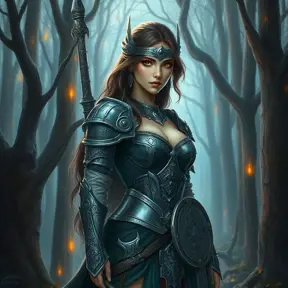 A majestic warrior woman in ornate armor, standing in a mystical forest, her piercing eyes reflecting confidence and strength, surrounded by ethereal glowing lights and ancient trees., Highly Detailed, Half Body, Gorgeous, Stunning, Elegant by Stanley Artgerm Lau