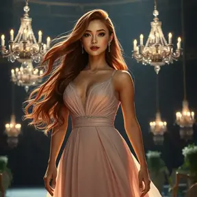 A stunning woman with flowing auburn hair, wearing an elegant evening gown, standing in a dimly lit ballroom with chandeliers, soft light highlighting her features, highly detailed, realistic, cinematic lighting, Highly Detailed, Half Body, Gorgeous, Stunning, Elegant by Stanley Artgerm Lau