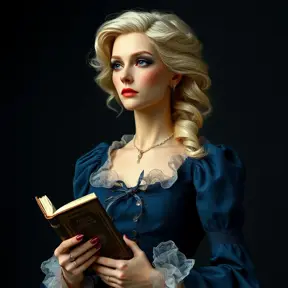 An ageless woman with platinum blonde hair, dressed in a Victorian-style midnight blue gown, holding a vintage book and gazing pensively into the distance, Highly Detailed, Half Body, Gorgeous, Stunning, Elegant by Stanley Artgerm Lau