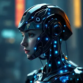 a futuristic cyborg with glowing blue circuitry and sharp, angular features, staring intently into the distance, Highly Detailed, Half Body, Gorgeous, Stunning, Elegant by Stanley Artgerm Lau