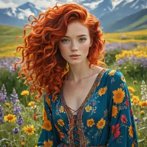 A vibrant woman with a cascade of fiery red curls, freckles, and a bohemian dress with floral patterns, amidst a field of blooming wildflowers at the peak of spring, Highly Detailed, Half Body, Gorgeous, Stunning, Elegant by Stanley Artgerm Lau