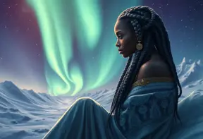 A detailed digital art of a woman with African features and beautiful braided hairstyle, sitting under the Northern Lights, surrounded by snowy landscapes, Highly Detailed, Intricate, Half Body, Realistic