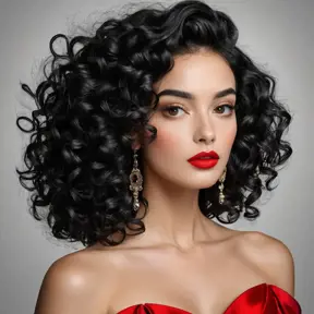 A stunning woman reminiscent of Salvador Dali's 'Gala', with bold red lips and curly black hair, Highly Detailed, Half Body, Gorgeous, Stunning, Elegant