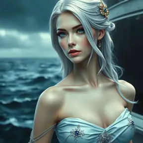 A poised beauty with piercing sapphire eyes and silver hair, standing against a backdrop of a stormy sea, Highly Detailed, Half Body, Gorgeous, Stunning, Elegant by Stanley Artgerm Lau