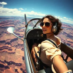 A confident woman piloting a vintage airplane over the Grand Canyon, Highly Detailed, Half Body, Gorgeous, Stunning, Elegant by Stanley Artgerm Lau