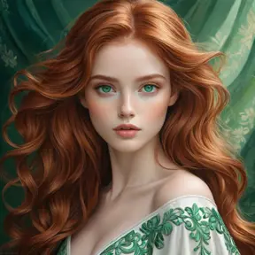 A breathtakingly beautiful woman with flowing auburn hair, emerald eyes, and a delicate porcelain complexion, ethereal and otherworldly, Highly Detailed, Half Body, Gorgeous, Stunning, Elegant by Stanley Artgerm Lau