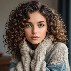 A gorgeous woman with curly dark brown hair and warm hazel eyes, wearing a cozy sweater and distressed denim, Highly Detailed, Half Body, Gorgeous, Stunning, Elegant