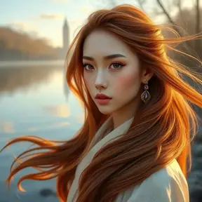 A serene beauty with almond-shaped eyes and flowing chestnut hair, standing by a tranquil lake at dawn, Highly Detailed, Half Body, Gorgeous, Stunning, Elegant by Stanley Artgerm Lau